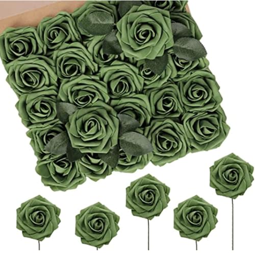 N&T NIETING 50 Rosas Artificiales de Primavera con Tallo para Manualidades, Ramos de Boda, centros de Mesa para Novia, Baby Shower, Fiesta, hogar, Ducha, arreglo, decoración (Verde Militar)
