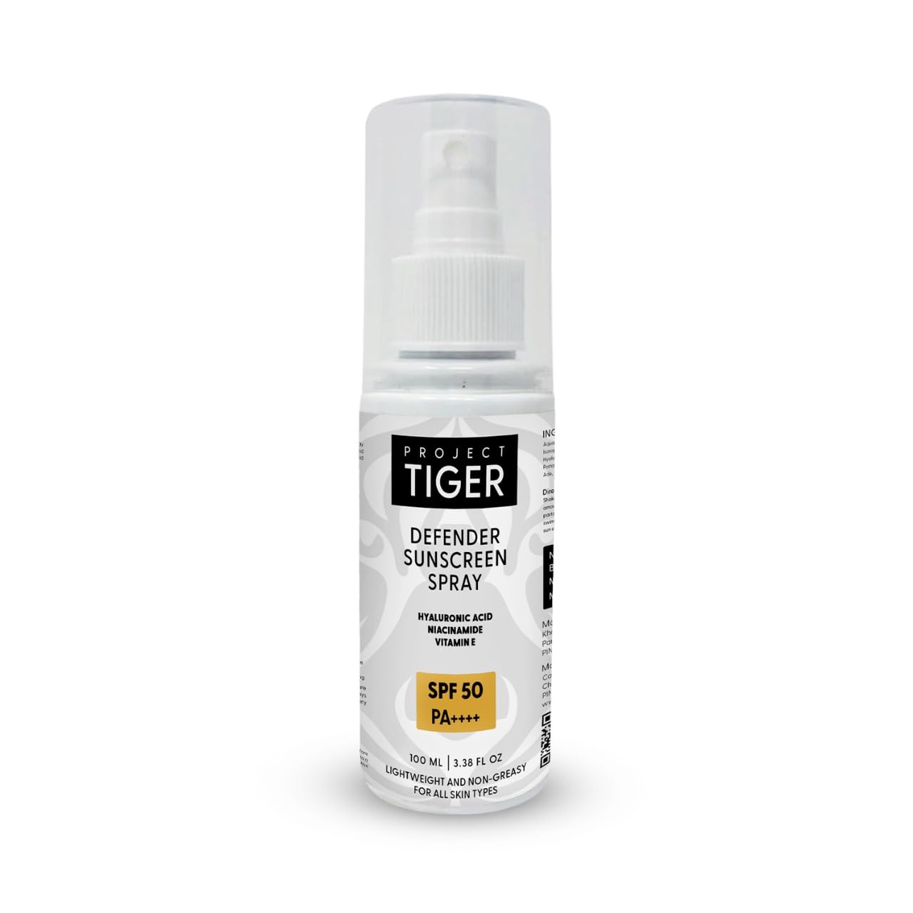 PROJECT TIGER Defender Spray Sunscreen for Men | SPF 50 PA++++ | No White Cast | Hydrating & Lightweight | UVA & UVB Protection | Hyaluronic Acid, Niacinamide & Vitamin E