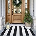 KOZYFLY Black and White Area Rug 27.5x43 Inches Striped Front Door Rug Cotton Washable Indoor Outdoor Rug Doormats Outdoor Small Striped Rugs for Kitchen Entryway Patio Front Porch Decor