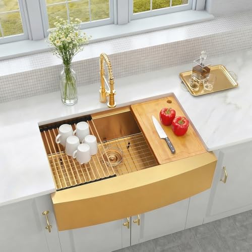 MONSINTA Gold Farmhouse Kitchen Sink, 16 Gauge SUS304 Stainless Steel Farm Sinks, All In One Workstation Sink with Ledge & Accessories, 33' x 20' x 10' Large and Deep Gold Undermount Kitchen Sink