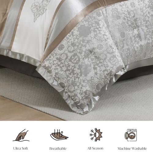 Image of CozyDH Queen Comforter Set Silver Gray - 7 Piece Luxury Jacquard Damask Bed in a Bag, Elegant Embroidery Modern Silk White Patchwork, All Season Down Alternative Bedding with Skirt, Shams, Pillows