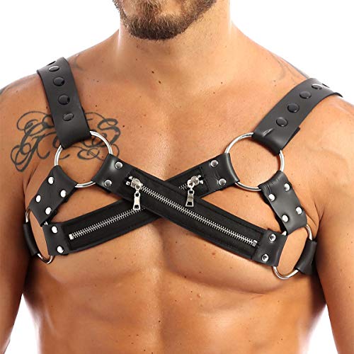 ACSUSS Men's Sexy Black Leather Punk Half Harness Adjustable X-shape Body Chest Belt