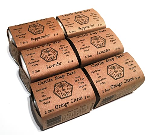 BeeTheLight Pure Castile Soap - 12 small Bars - Choose from Peppermint, Orange Citrus, Lavender, or Unscented - Made from 100% Fair Trade and Organic oils - Vegan - 6 two-packs (30 oz)