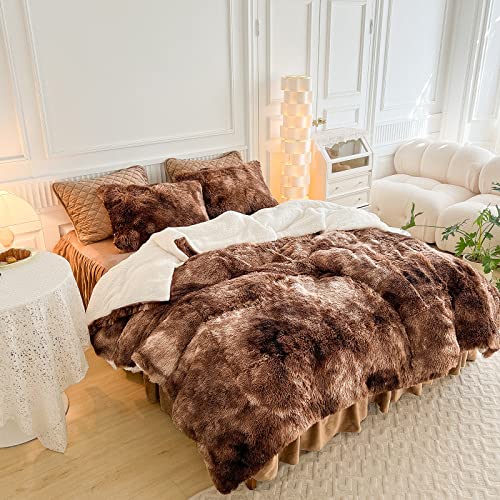 Luxury Faux Fur Shaggy Comforter Set Full/Queen Size, Plush & Sherpa Reversible Comforter Tie Dye Coffee, 3 Pieces Fluffy Fuzzy Bedding Set Ultra Soft and Warm for Winter (1 Comforter + 2 Pillowcases)