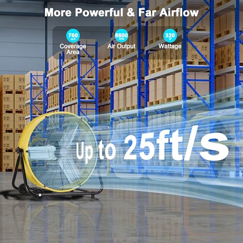 24 Inch Industrial Drum Fan, 8800 CFM High Velocity Floor Shop Fan, Heavy Duty, 3 Speeds, 360 Degree Tilt with Casters Handle, Ideal for Industrial, Commercial, Gym, Garage Use, ETL Listed