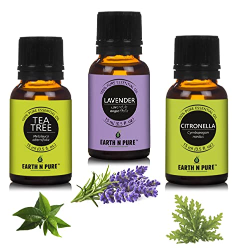 Image of Earth N Pure Citronella Oil, Tea Tree Oil & lavender Oil Pack of 3 | Undiluted | 100% Natural & Therapeutic | For Aromatherapy | Mood Enhancers |Skin Care | Hair Care | Relaxation etc. | 15ML Each