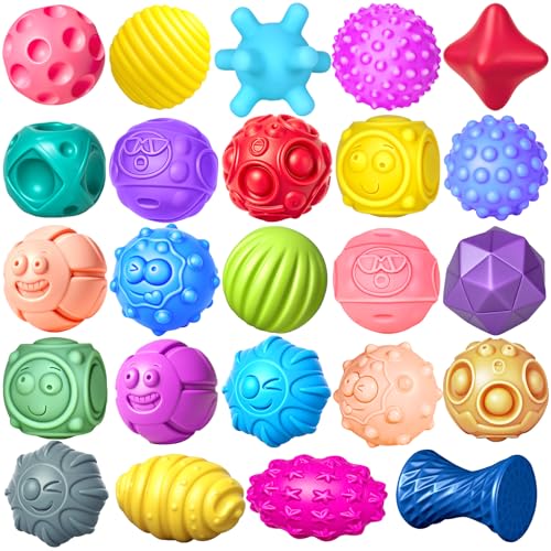 Ynanimery 24 Pcs Sensory Balls for Toddlers, Sensory Baby Toys, Montessori Toy for Babies Squeeze, Infant Toys Soft Multi Ball Set Gifts with Bright Color Textured