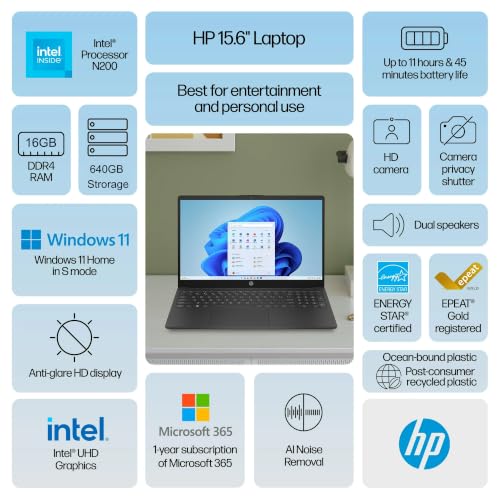 Image of HP 15.6 inch Laptop, 16GB RAM, 640GB Storage, Intel Processor, No Mouse | 512GB External and 128GB SSD, Long Battery Life, Lightweight, Microsoft 365, Windows 11 for Students & Office, Black