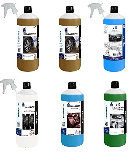 CAR DETAILING SUPER PACK. 2 REBLAN SUPER, Limpia llantas + M10, champú ultra concentrado + BRILLAUTO, abrillantador neumáticos y plásticos + BRILLAGOM, piel + V10, limpia salpicaderos efecto mate