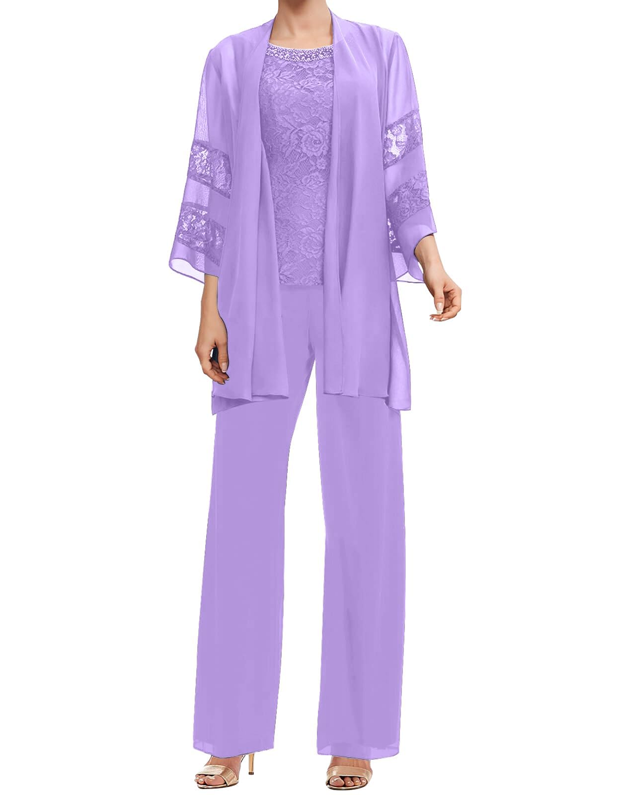 3 Pcs Mother of The Bride Pant Suits Women Dressy - Lace Applique Chiffon Beaded Wedding Guest Formal