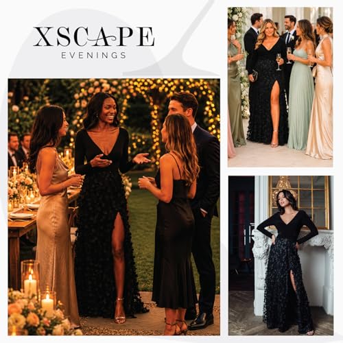 Image of Xscape Women's Long Sleeve V-Neck Formal Evening Gown with Floral Applique Skirt and Side Slit