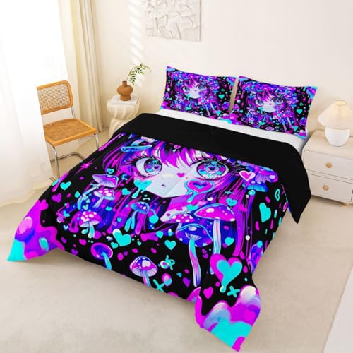 Image of Erosebridal Japanese Girl Bedding Full,Cartoon Girly Comforter Set 3D Anime Gifts Bed Sets Colorful Graffiti Print Duvet Insert 3 Pieces