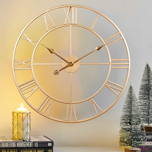 CLXEAST Champagne Gold Wall Clock, Large 24 Inch Wall Clocks for Living Room Decor, Metal Roman Numeral Wall Clock,Decorative Wall Clock,Non Ticking Silent Wall Clock for Bedroom/Kitchen/Office