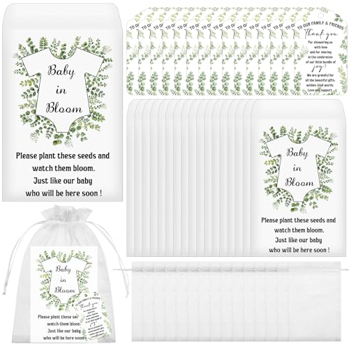 PIAOPIAONIU 50 Sets Baby Shower Seed Packets Bulk with Thank You Cards Baby in Bloom Self Adhesive Bags Baby Shower Favors for Gender Reveal Birthday Party Supplies Guests(No Seeds)