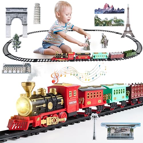 Tren Juguete para Niños, Tren de Navidad Eléctrico, Control Remoto Juegos De Trenes De Vapor con Humo, Luz, Sonidos, Locomotora y 4 Vagones Tren de Juguete Electrónico Decoración de Navidad
