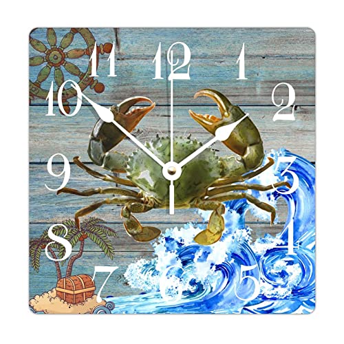 Vintage Wall Clock Teal Watercolor Coastal Crab Wooden Clocks Coastal Decor Non Ticking Battery Operated Square Clock for Bedrooms Living Room Farmhouse 12 Inch