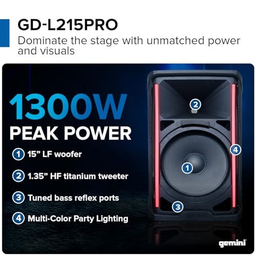 Gemini Sound GD-L215PRO – Bluetooth-Beschallungslautsprecher mit LED-Partybeleuchtung und 3-Kanal-Mixer – Leistungsfähiger 15”-Woofer für DJs und Partys – intuitives Design für Musikfreunde