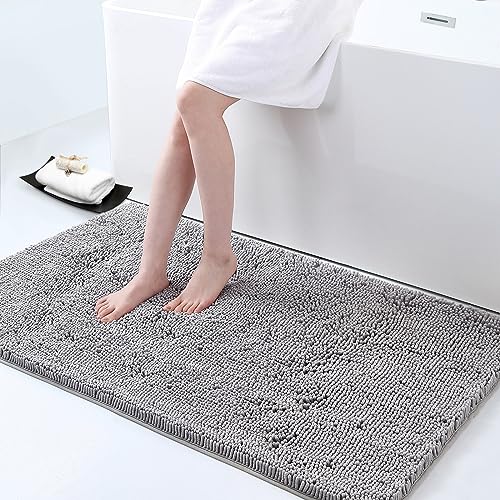 Smiry Luxury Chenille Bathroom Rugs 44x24, Extra Soft and Absorbent Shaggy Bath Mat, Machine Washable, Non-Slip Plush Carpet Runner for Tub, Shower, and Floor, Home Decor Accessories, Light Grey