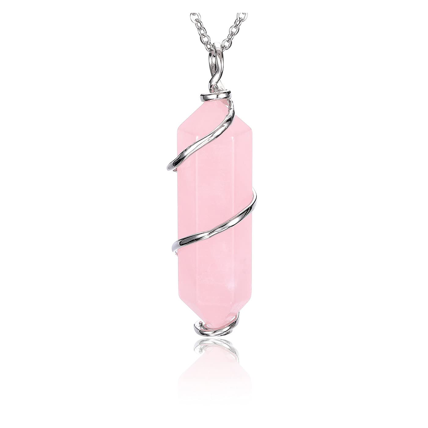 JSDDENatural Quartz Crystal Necklace Silver Wrapped Hexagon Prism Point Healing Gemstone Pendant Necklace for Women