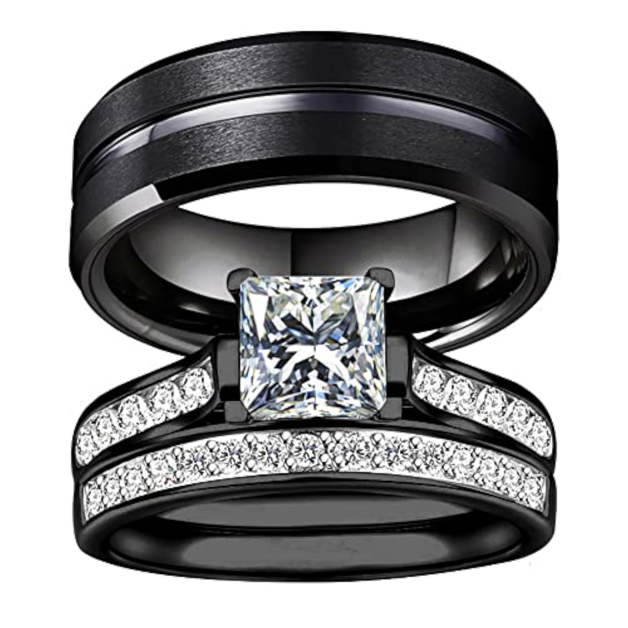 Couple Rings Set, Black Bridal Ring Set