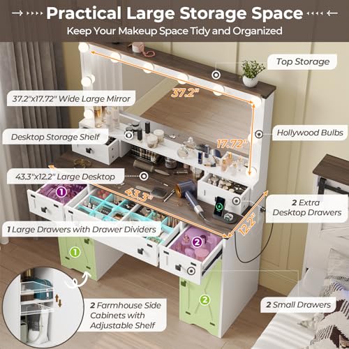 Hasuit 43'' Farmhouse Makeup Vanity Desk with Lighted Mirror, Adjustable Brightness, Power Outlet, 5 Drawers & 2 Cabinets, White