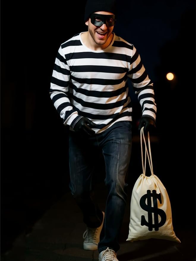 Adult Robber Costume Set Cosplay Thief Accessories for Halloween Party Black and White Striped Knit Beanie Cap - Image 5