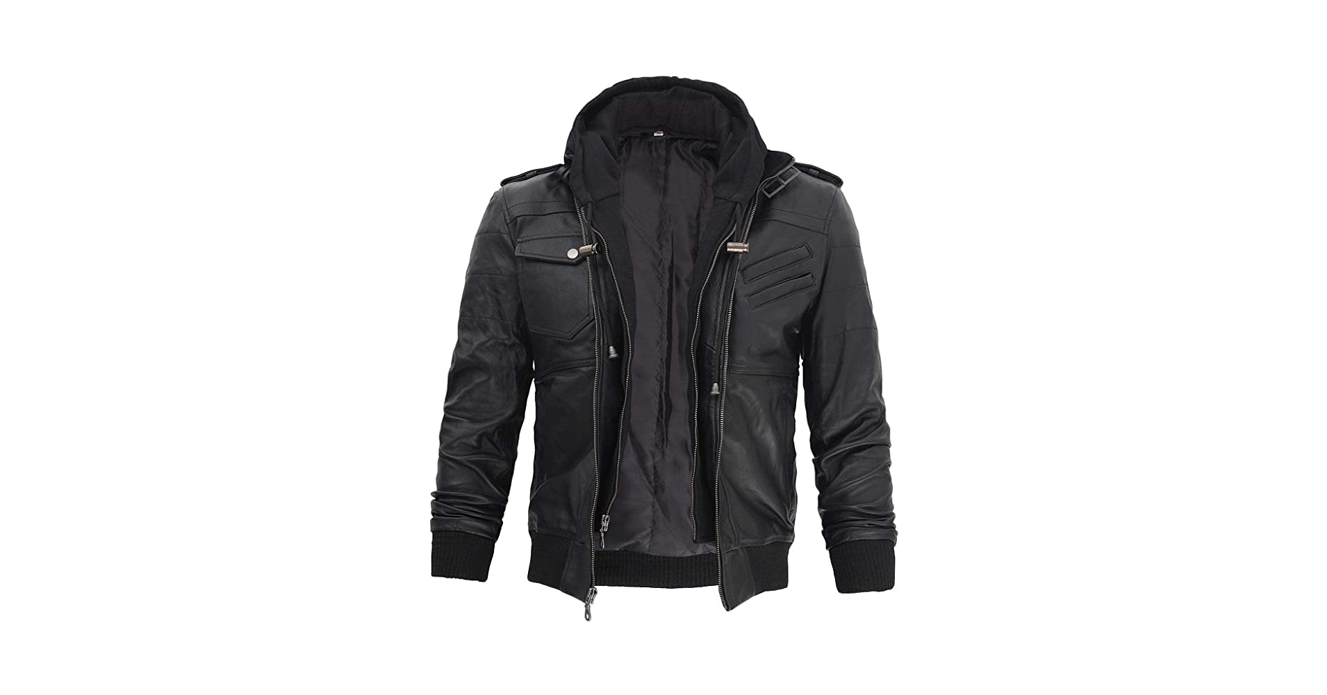 Black Hooded Bomber Leather Jacket - Leather Biker Jacket