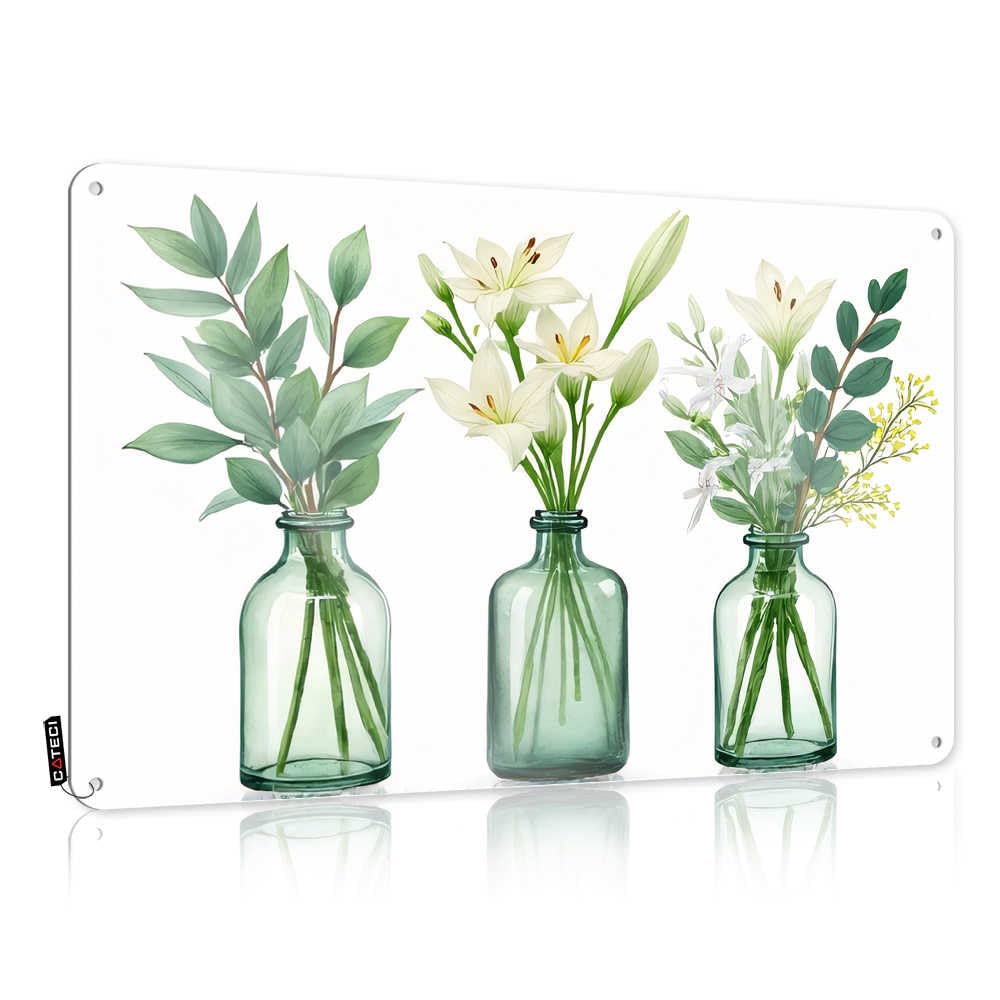 Fzfn Men's Colour Stuff For Premises Retro Wall Decor - Three Green Vases With White Lilies And Greenery Soft Bath Rustic Wall Hanging(20X30cm)
