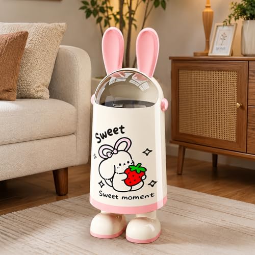 Image of Kriva Large Capacity Rabbit Ears Trash Bin | Double-layer Creative Cute Cartoon Plastic Garbage Can for Outdoor & Home Recycling Use | Waste Dustbin For Bathroom Storage (Pink, 1Pc)