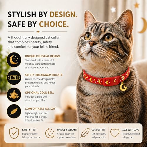 Image of waaag Cat Collar, Gold Moons and Stars Cat Collar, Safety Breakaway Cat Collar with Bell, Glow in the Dark (Kitten 6.5 inch-10 inch Neck, Scarlet)