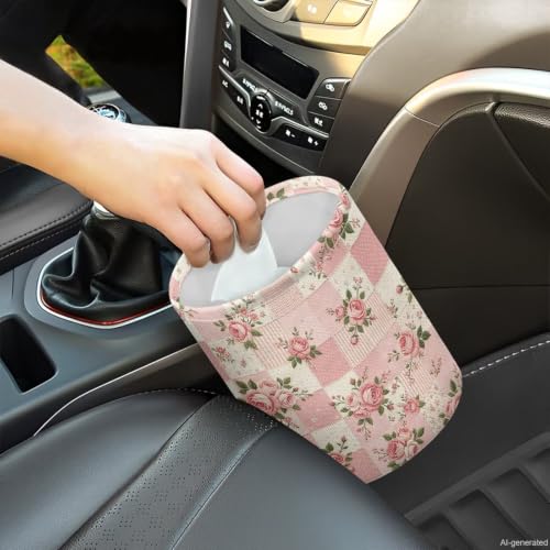 Image of Pink Flower Print Car Trash Can Portable Collapsible Back Seat, Front Seat, Floor, or Hanging Headrest Waste Basket Car Accessories Interior