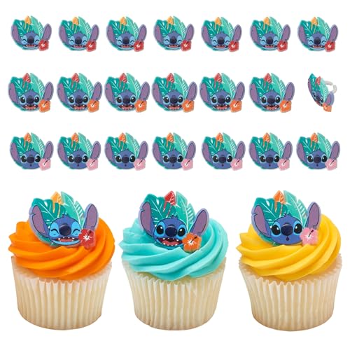 DecoPac Disneys Stitch Ohana Cupcake Rings 24 Lilo & Stitch Cupcake Decorations For Birthday Parties & Celebrations Food Safe Cake Toppers 24 Pack