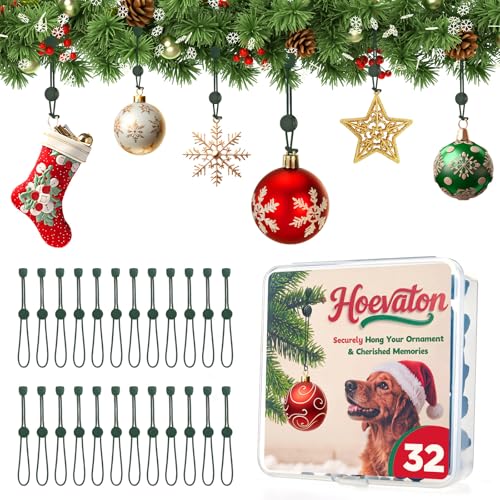 32 PCS Adjustable Christmas Ornament Hooks, Hoevaton Non-Slip Hanger Hooks for Hanging Small & Large Heavy Ornaments, Xmas Ornament Hanging Hooks for Holiday Tree Decorations (Green, 32 Count)