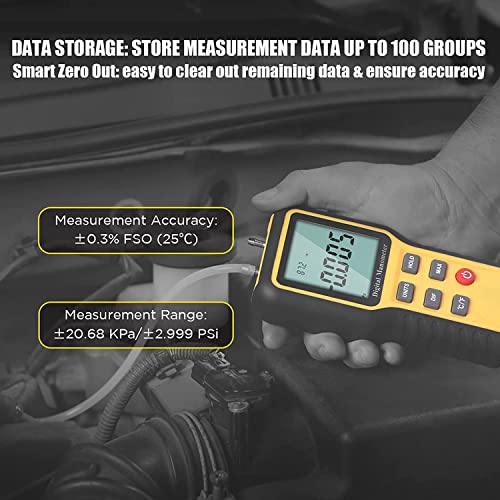 Differenzdruckmessgerät Kethvoz Gasdruckmessgerät HVAC Gas Manometer mit Zwei Anschlüsse zur Messung des Luftstrom-Gasdifferenzdrucks ±2,999 psi /±20,68 kPa, 12 wählbare Einheiten & Datenspeicher