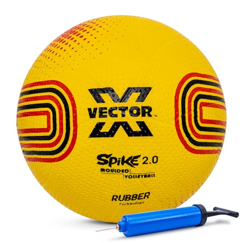 Image of Vector X Spike 2.0 Rubber Moulded Indoor Outdoor Volleyball +Free Air Needle| Suitable for Practice, Training Beach Play Butyl Bladder Ball for Adults Boys Kids Size 4 (Spike 2.0, Yellow-Red + Pump)
