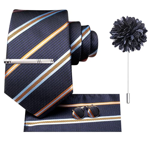 Image of Hi-Tie Striped Woven Black and Blue Neckties for Men Tie and Pocket Square Lapel Pin Silver Tie Clip Cufflinks Set Wedding Business 6PCS