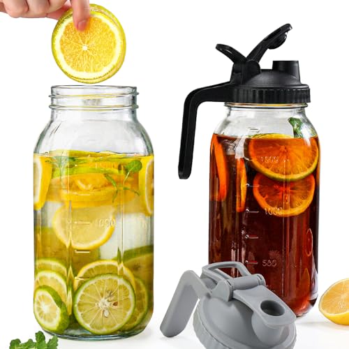 Image of 64 oz Glass Pitcher with Lid 2 Pack,2 Quart Mason Jar Pitcher with Lid and Spout - Half Gallon Mason Jar Pitcher Wide Mouth for Iced Tea/Sun Tea/Coffee/Juice, Glass Jars with Lids (Black & Gray)