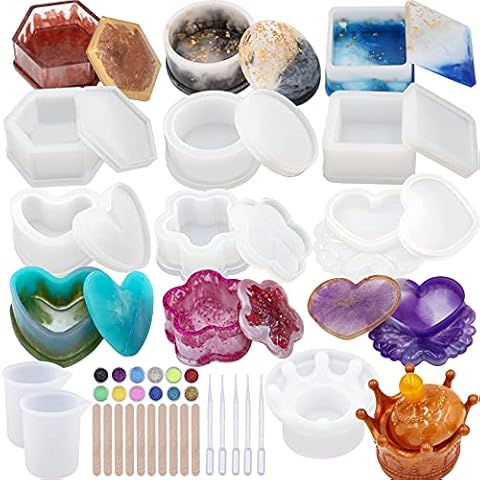 EuTengHao Resin Molds 43Pcs Silicone Molds for Resin, Epoxy Resin Crown Shape Mold Heart Shape Mold with Mica Powder for Storage Box Jewelry Trinket Container DIY Resin Casting Crafts Cover