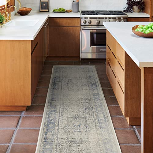 RUGGABLE Washable Vintage Runner Rug – Kamran Blue Quartz 2.5x10, Stain-Resistant, Non-Slip Hallway Runner with Cushioned Pad – Machine Washable Rug for Hallway, Entryway, Living Room & Kitchen
