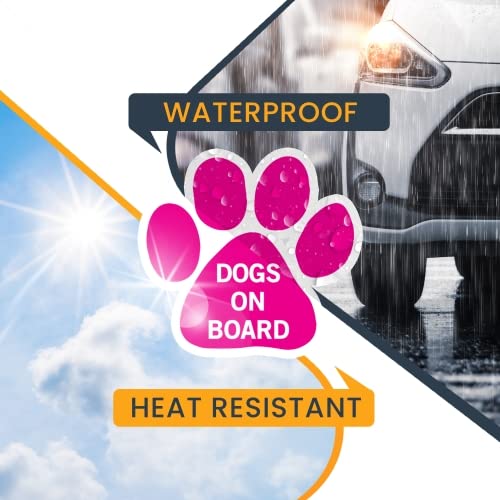 Image of Dogs on Board Pink Pawprint Car Magnet 5 Inch, Dog Lover Gift | Heavy duty magnetic decal for car, truck, SUV or fridge, full color UV printed
