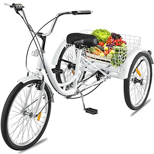 24-inch Adult Tricycles 7 Speed 3 Wheel Bikes, Bicycles Cruise Trike with Shopping Basket for Seniors Women Men, White ã€Shipping from USã€‘