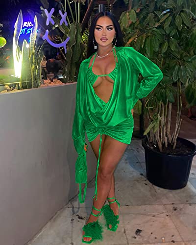 Image of Women's Sexy Long Sleeve Two 2 Pieces Outfits Sheer Mesh Mini Dress Skirt Set Top V Neck Backless Ruched Bodycon Cover Up