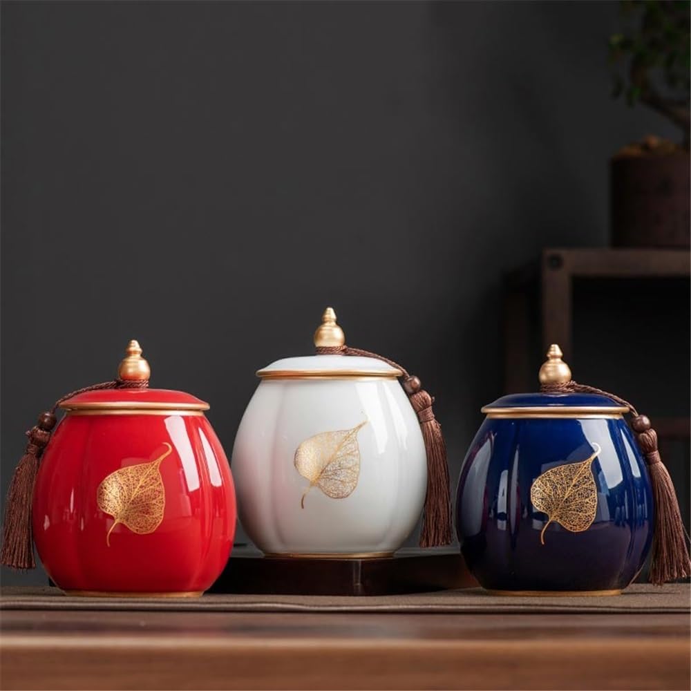 Latas té Recipiente de cerámica for té con tapa sellada y borla. Hermoso organizador for guardar, café azúcar Tarro de Té(Red)