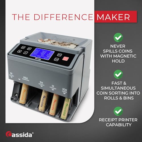 Image of Cassida C300 Professional USD Coin Counter, Sorter and Wrapper /Roller, 300 Coins /min, with Quickload and Printing-Compatible, Gray