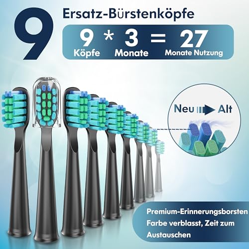 Ultraschall Zahnbürsten Ultraschallzahnbürste Elektrische Zahnbürste Schallzahnbürste für Erwachsene und Kinder mit 5 Putzmodi Integrierter Timer und 9 Zahnbürstenköpfen (Schwarz) – Bild 7