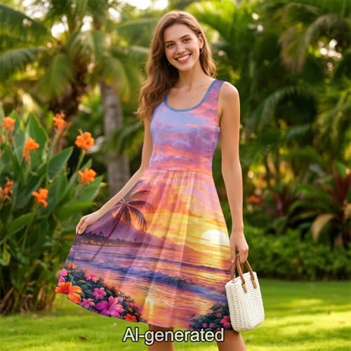 Image of Dreaweet Summer Dresses for Women A-Line Sleeveless Flowy Sun Dresses,Men's Casual Button-Down Shirts,Couple Matching Outfits