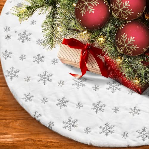 48-inch-Christmas-Tree-Skirt-White-Tree-Skirt-Fit-for-6-8-ft-Christmas-Tree-Faux-Fur-Christmas-Tree-Skirt-with-Snowflakes-for-Christmas-Decorations-Xmas-Party-Holiday-Decorations-Silver 48 inch Christmas Tree Skirt White Tree Skirt Fit for 6 8 ft Christmas Tree Faux Fur Christmas Tree Skirt with Snowflakes for Christmas Decorations Xmas Party Holiday Decorations Silver