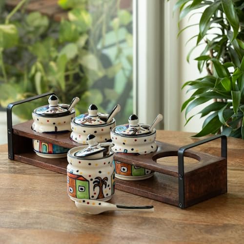 Image of ExclusiveLane 'The Hut' Ceramic Pickle Jars for Dining Table With Spoon & Wooden Holder (Set Of 4, Non-Airtight, 280 ml) |Pickle Jar With Spoon Achar Jar Set Achar Container Set for Dining Table|