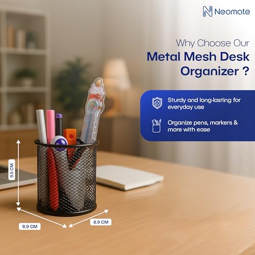 Image of Neomate Metal Mesh Pencil Holder | Round Pen Cups For Stationery Desk Organizer | 4 Pcs Set | Wire Makeup Brush Holders, Classroom & Office Supplies-4, Black