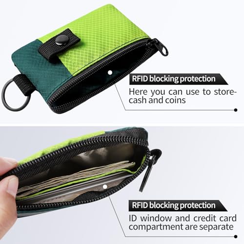 Minimalist Wallet,RFID Card Wallet with Zipper and ID Holder, Small WaterResistant Wallets with Lanyard Keychain for Men &Women (Olive Green + Dark Green)2